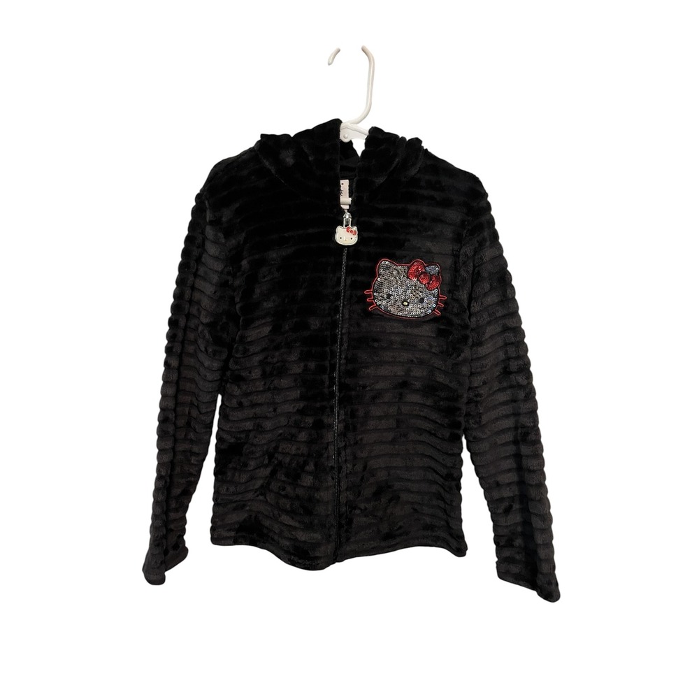 NWOT Hello Kitty Fuzzy Black Jacket Sequin Size 7 Girls